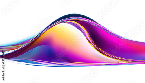 Abstract liquid glass shape with colorful reflections. Ribbon of curved water with glossy color wavy fluid motion. Chromatic dispersion flying and thin film spectral effect.