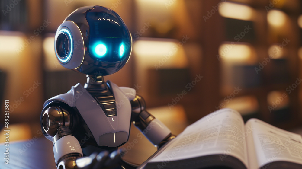 A cute robot consultant studies books in the library. Automated A cute robot consultant studies books in the library. Automated
