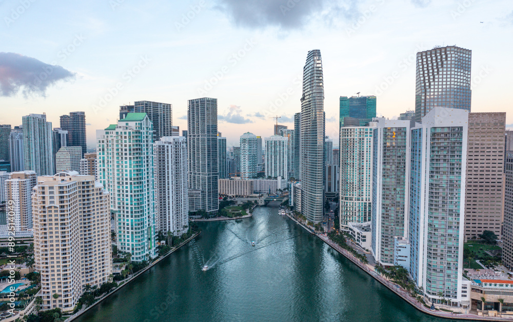 Fototapeta premium Downtown Miami River aerial early morning cityscape.