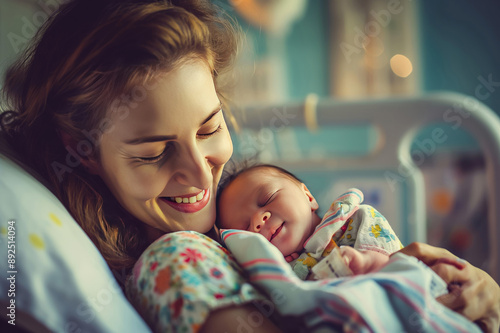 Young mother holding her new born child after labor. Parent and infant first moments of bonding in the hospital maternity ward. photo