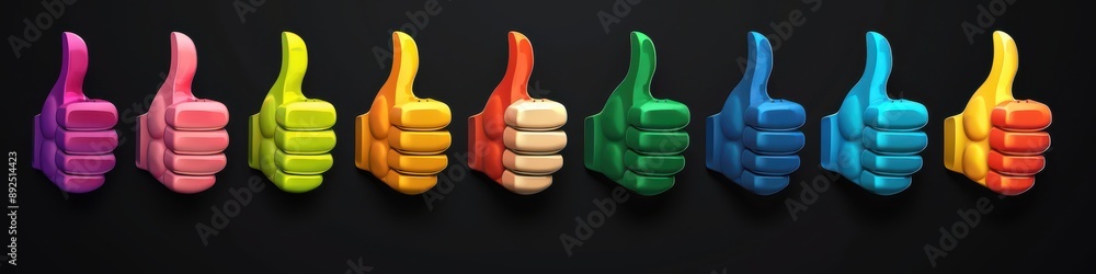 Row of colorful thumbs up icons against a dark background, symbolizing approval, positivity, and social media interaction. Row of colorful thumbs up icons against a dark background, symbolizing approval, positivity, and social media interaction.