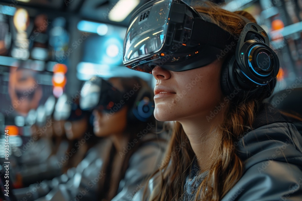 Students in a futuristic classroom using VR headsets and advanced tech devices, exploring interactive digital worlds and cutting-edge educational tools. Generative AI Students in a futuristic classroom using VR headsets and advanced tech devices, exploring interactive digital worlds and cutting-edge educational tools. Generative AI