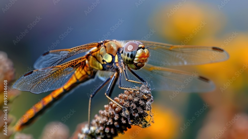 A dragonfly is depicted perched on a flower, with its detailed wings and body patterns clearly visible, capturing a moment of natural beauty and tranquility in high resolution. A dragonfly is depicted perched on a flower, with its detailed wings and body patterns clearly visible, capturing a moment of natural beauty and tranquility in high resolution.