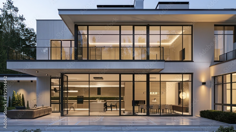 Fototapeta premium Modern suburban home with a neutral color palette, showcasing an elegant simplicity with large, open windows