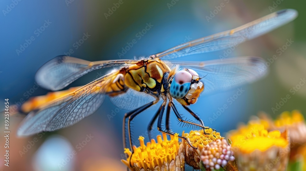 Bright and vibrant close-up of a dragonfly perched delicately on a yellow flower, with sunlight illuminating the intricate patterns of its wings and body. Bright and vibrant close-up of a dragonfly perched delicately on a yellow flower, with sunlight illuminating the intricate patterns of its wings and body.