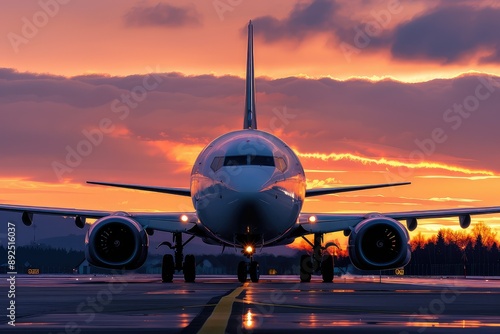 A commercial airplane is captured from the front as it prepares for takeoff against the vibrant backdrop of a sunset sky