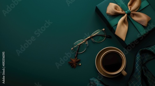 A person's morning routine with a cup of coffee, gift, and glasses photo