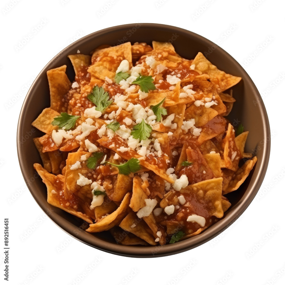 Isolated Bowl of Chilaquiles with Tortilla Chips and Sauce. Isolated Bowl of Chilaquiles with Tortilla Chips and Sauce.
