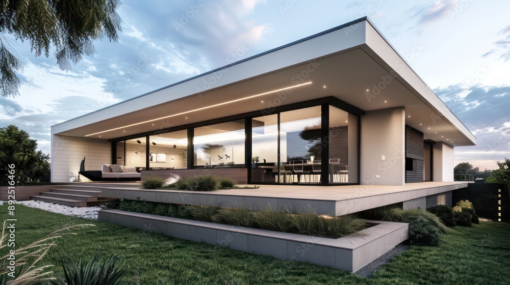 Modern suburban home with minimalist styling, featuring a flat roof and hidden outdoor entertainment areas Include space for text Modern suburban home with minimalist styling, featuring a flat roof and hidden outdoor entertainment areas Include space for text