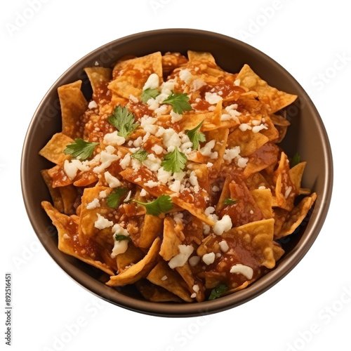 Isolated Bowl of Chilaquiles with Tortilla Chips and Sauce.