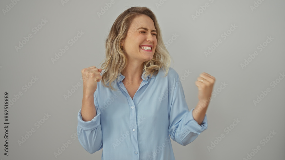 A joyful young caucasian woman celebrates with clenched fists against a white background A joyful young caucasian woman celebrates with clenched fists against a white background