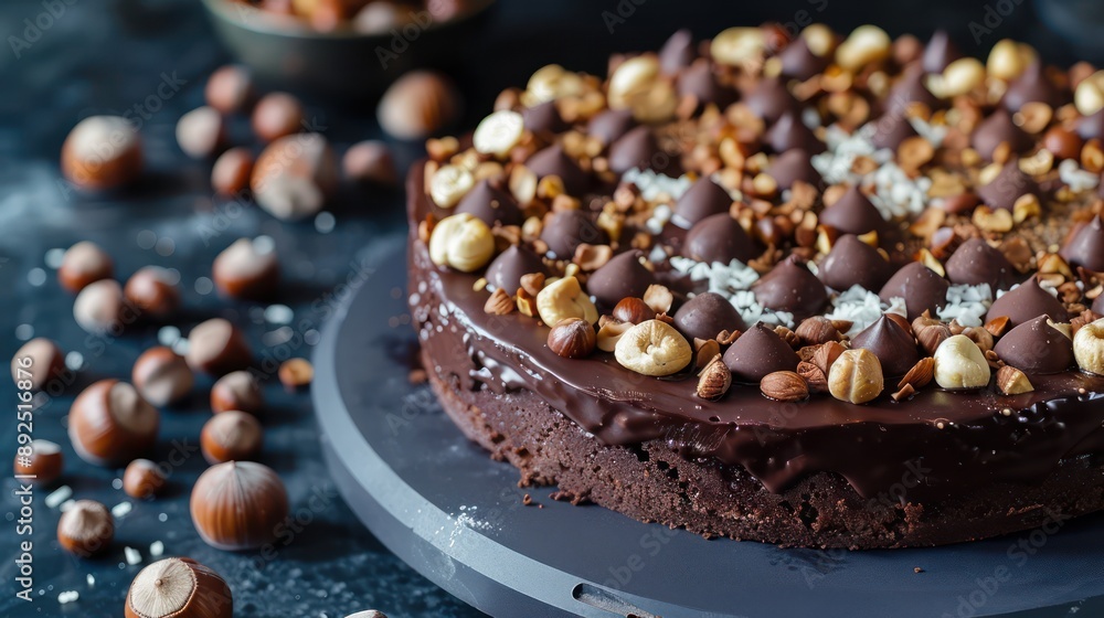 luxurious dark chocolate and hazelnut cake on a midnight blue background, perfect for bold text luxurious dark chocolate and hazelnut cake on a midnight blue background, perfect for bold text