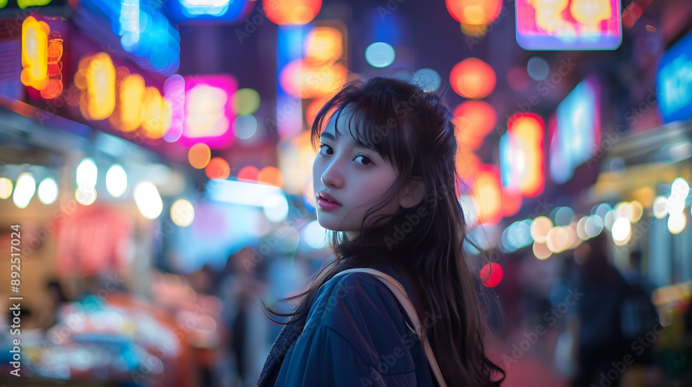 Young Woman in Vibrant Night Market with Neon Lights Young Woman in Vibrant Night Market with Neon Lights