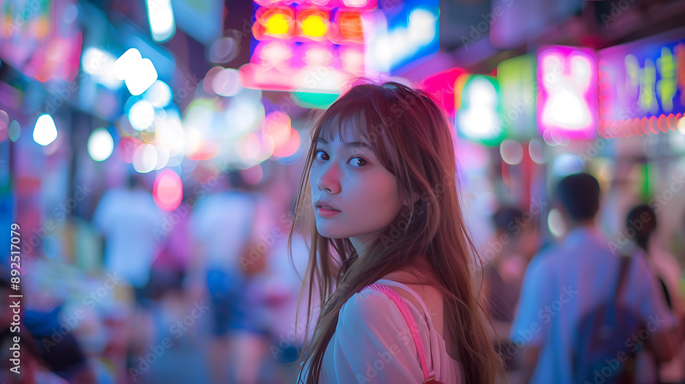 Young Woman In Vibrant Night Market With Neon Lights Young Woman In Vibrant Night Market With Neon Lights
