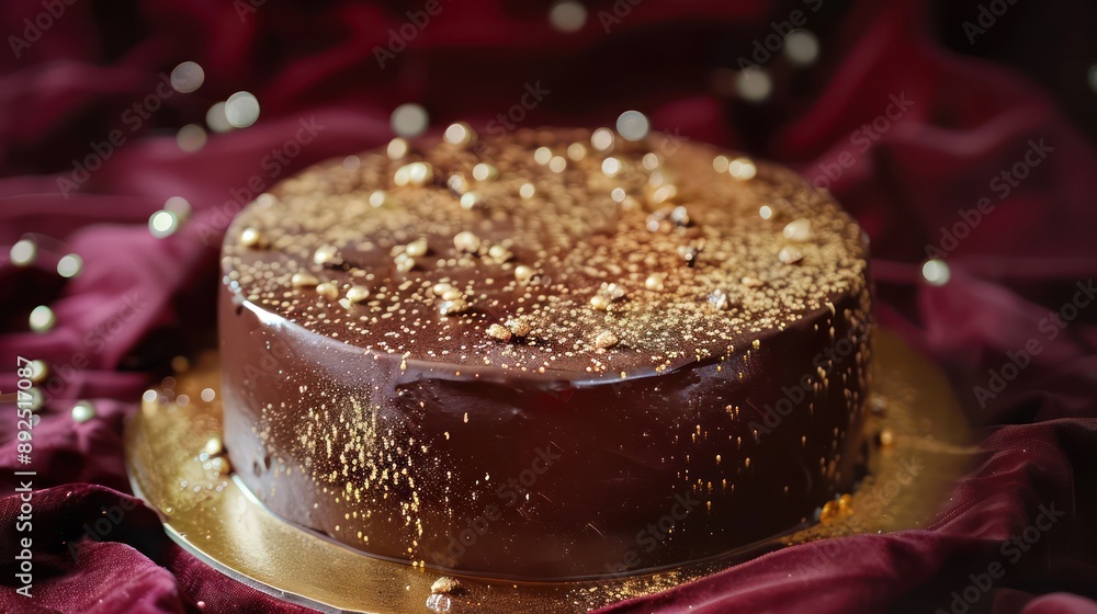 luxurious gold-dusted chocolate cake on a rich burgundy background, elegant and perfect for upscale text luxurious gold-dusted chocolate cake on a rich burgundy background, elegant and perfect for upscale text