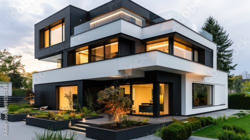 Wallpaper Mural Modern suburban home with sleek black and white exterior, panoramic front windows, and minimalist garden Torontodigital.ca