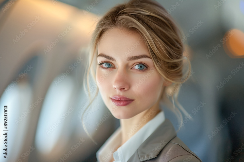 Stewardess, happy flight attendant flying, smiling person on an aeroplane Stewardess, happy flight attendant flying, smiling person on an aeroplane
