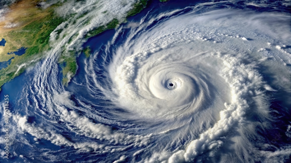 Satellite view of a powerful hurricane showing the eye of the storm ...