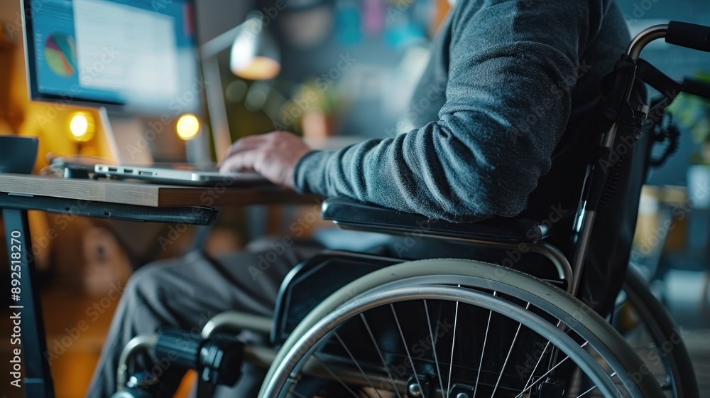 Close-up of an Asian team member in a wheelchair, working on a laptop in an accessible, inclusive office. The employee is surrounded by a diverse group of colleagues, reflecting the company Close-up of an Asian team member in a wheelchair, working on a laptop in an accessible, inclusive office. The employee is surrounded by a diverse group of colleagues, reflecting the company