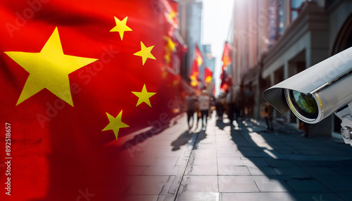 Surveillance camera as a symbol of control, surveillance, security. Flag of China.