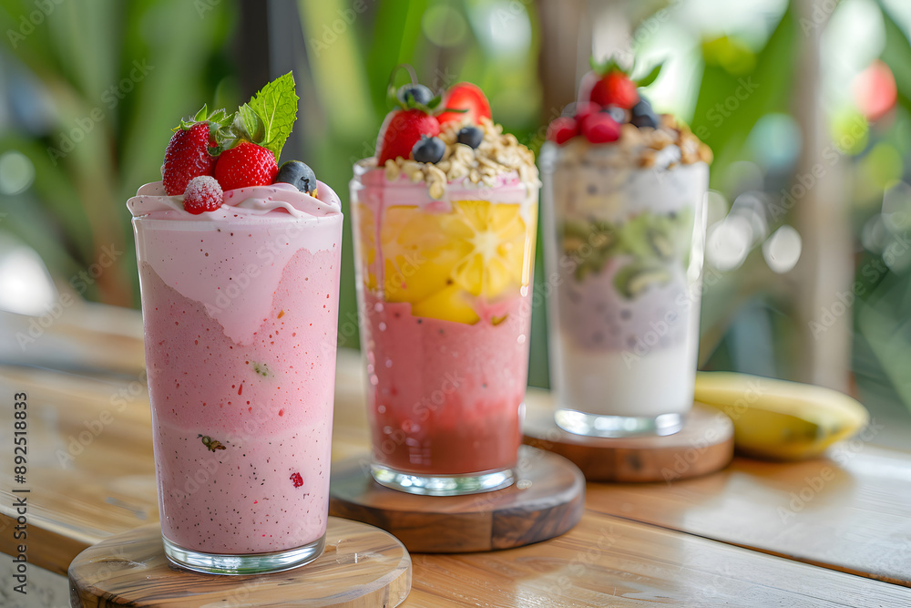 Colorful Fruit Milkshakes on Wooden Table Colorful Fruit Milkshakes on Wooden Table