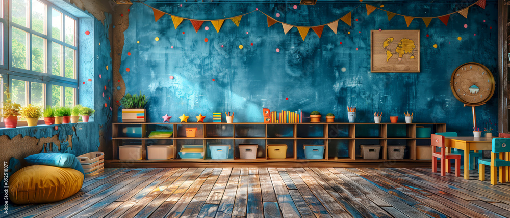 Obraz A charming kindergarten room with wooden floors and blue walls adorned with colorful chalk drawings of children playing and learning. 