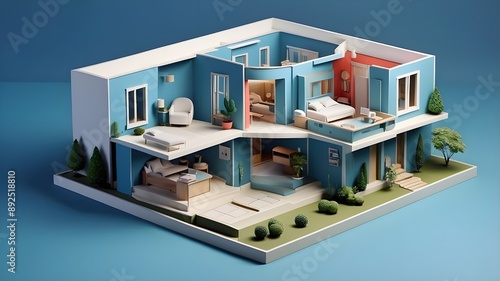 3d render of a building in the city, 3D mini house one compart with park area with solid background