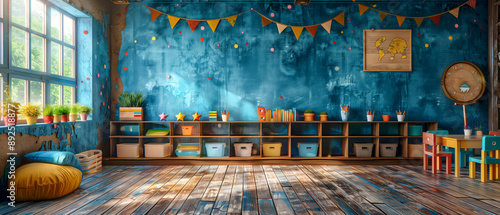 A charming kindergarten room with wooden floors and blue walls adorned with colorful chalk drawings of children playing and learning.  photo