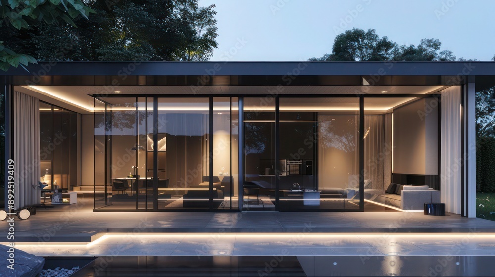 Sleek and stylish suburban home with a minimalist aesthetic, featuring glass walls and strategic lighting for evening ambiance Space for text included Sleek and stylish suburban home with a minimalist aesthetic, featuring glass walls and strategic lighting for evening ambiance Space for text included