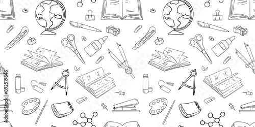 Seamless pattern with hand drawn school, doodles and back to school. Vector illustration.