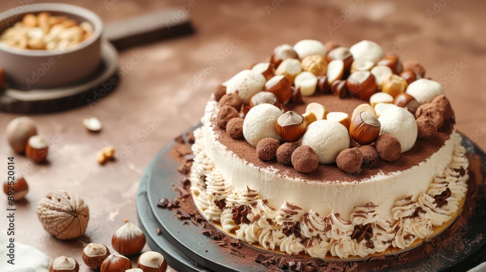 luxurious white truffle and hazelnut cake on a rich chocolate brown background, sophisticated for gourmet text luxurious white truffle and hazelnut cake on a rich chocolate brown background, sophisticated for gourmet text