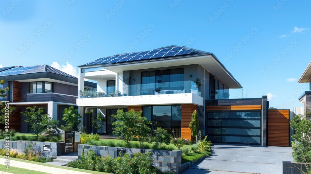 Fototapeta premium Sleek and modern suburban home with clean architectural lines and a focus on sustainability, featuring solar panels Space for text required