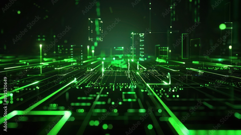 Glowing green plexus design on a dark background, lower center text space for striking visibility Glowing green plexus design on a dark background, lower center text space for striking visibility