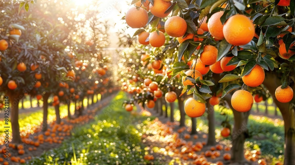 Ripe oranges hanging from trees in a picturesque orchard, representing the bountiful harvest. Ripe oranges hanging from trees in a picturesque orchard, representing the bountiful harvest.
