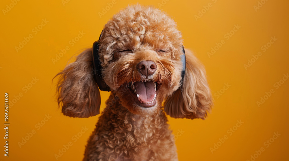 a humanoid poodle dog, wearing headphones, closed eyes, happily laughing, in yellow studio backdrop, copy space on left side a humanoid poodle dog, wearing headphones, closed eyes, happily laughing, in yellow studio backdrop, copy space on left side