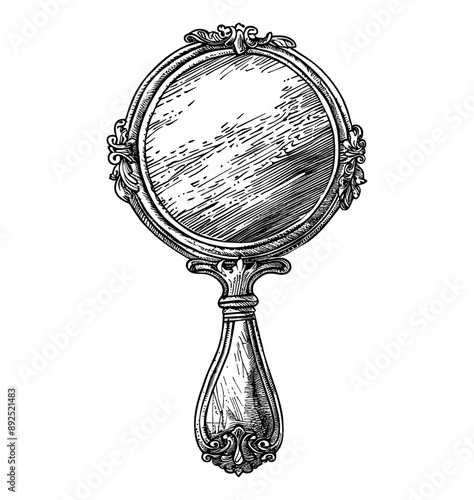 antique hand mirror engraving black and white outline