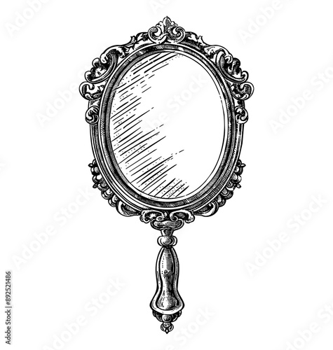 antique hand mirror engraving black and white outline