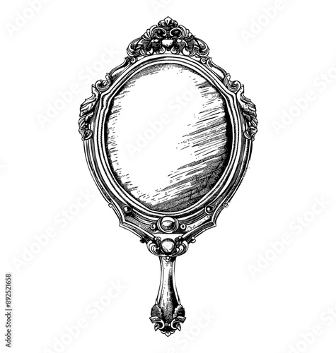 antique hand mirror engraving black and white outline