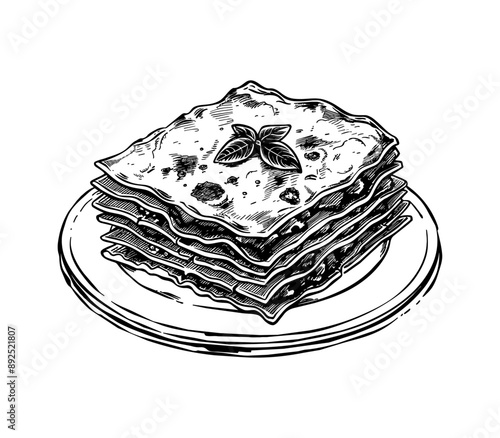 lasagna engraving black and white outline