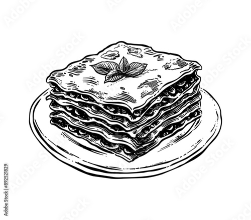 lasagna engraving black and white outline