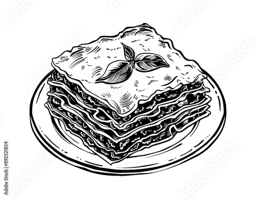 lasagna engraving black and white outline