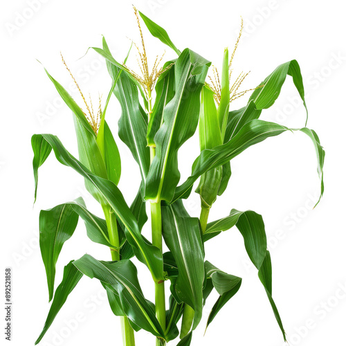 Isolated Corn Stalk with Green Leaves and Silky Tassels Without Background photo