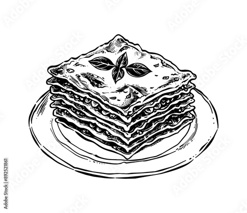 lasagna engraving black and white outline