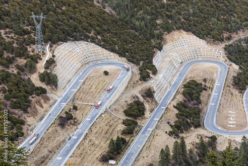 Close-up on China G318 national highway 18 bends. It is one of the popular tourist attraction where the road winds uphill 26km from the county seat of Yajiang to Jianziwan Mountain Pass in Sichuan photo