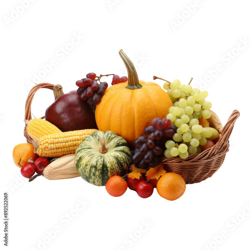 Colorful Cornucopia Filled with Various Fruits and Vegetables Isolated Without Background