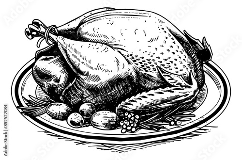roasted turkey engraving black and white outline