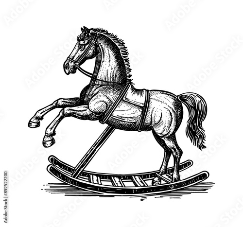 rocking horse toy engraving black and white outline