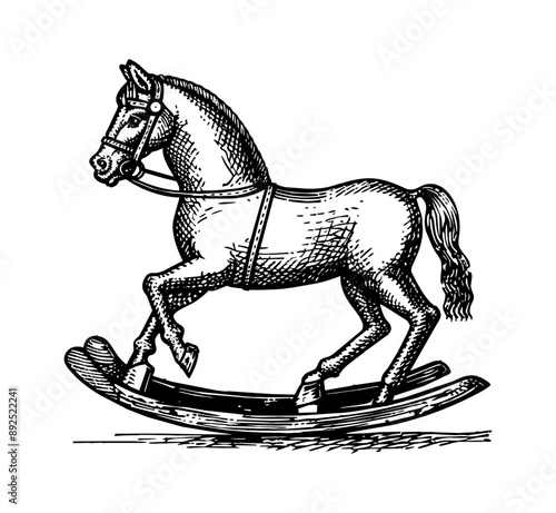 rocking horse toy engraving black and white outline