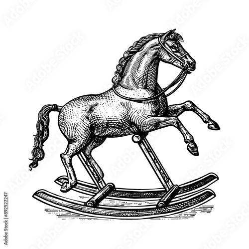 rocking horse toy engraving black and white outline