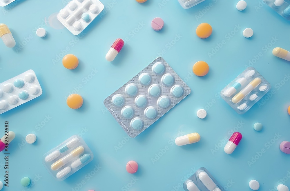 Colorful Pills and Capsules on a Light Blue Background, a Top View of Medicine Tablets with a Plastic Box Colorful Pills and Capsules on a Light Blue Background, a Top View of Medicine Tablets with a Plastic Box